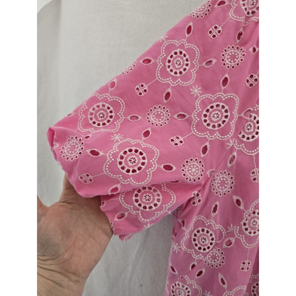 Talbots Pink Eyelet Midi S Sleeve Embroidered Summer Dress. Ladies Size 14 - Picture 5 of 12